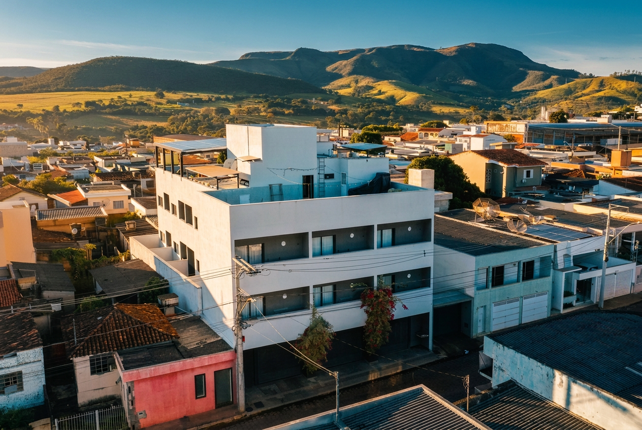 Vista aérea do Theotókos Flats em Piumhi, com as serras de Minas Gerais ao fundo